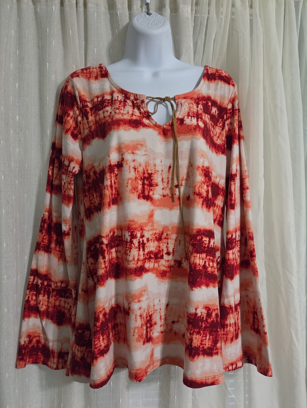 Bobbie Brooks Tie-Dye Long Sleeve Scoop Neck Top with Drawstring - Red & White